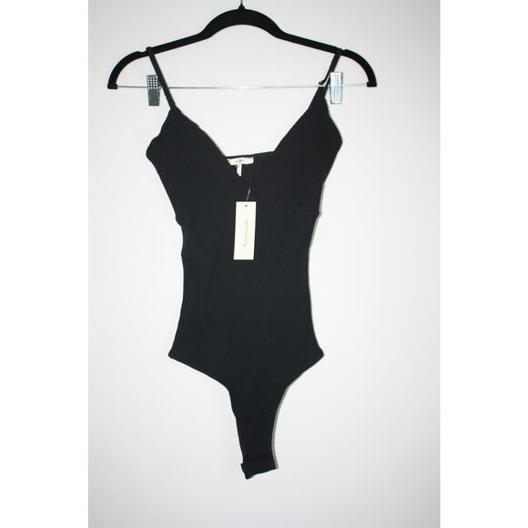 Francesca's Bodysuit One Piece Black XS Ribbed V-Neck Adjustable Straps NWT - Picture 1 of 5